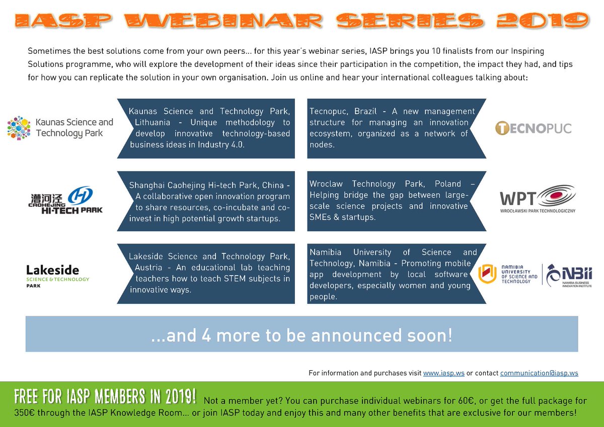 IASPnetwork's tweet photo. Learn from the best practice of your peers around the world - join our upcoming #IASPwebinars from the finalists of our #InspiringSolutions programme! Free for #IASPmembers #WhyJoinIASP #KnowledgeSharing
https://t.co/KJIDn3JJUg @lakesidescitec @TECNOPUC @technolog_park https://t.co/g6Rgja8yQt