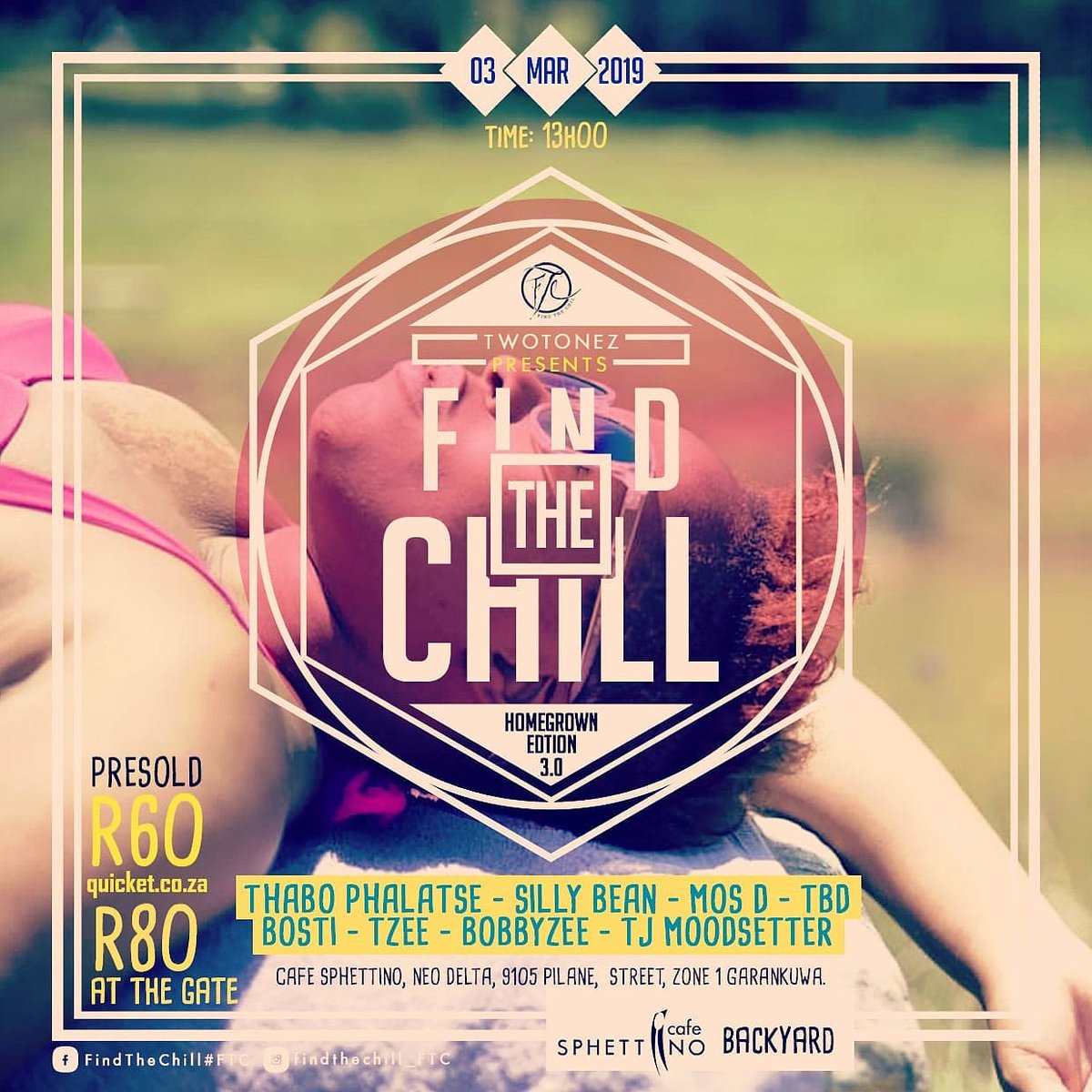 FindTheChill1's tweet photo. Good vibezzz loading!!!
Sunday 3rd March '19
DAY VIBEZZZZ of epic proportions...
@cafesphettino Backyard

Pre-Solds available till Friday: https://t.co/jMD1Q1UKXX

R60 a pop
R80 on the day

It's  gon be a party y'all 
#FindTheChill #FTC #HomeGrownEdition 3.0 https://t.co/unhkPLodgu