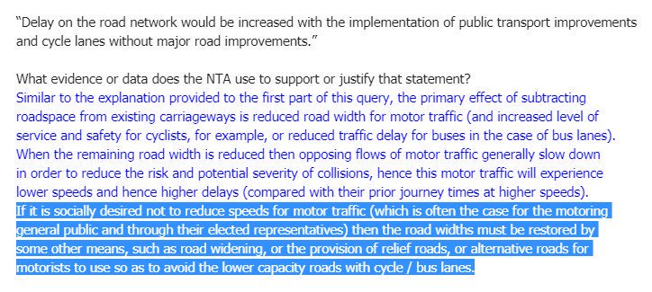 We already know the answer. The official position of  @TFIupdates, as stated on the record & as hard-wired into their Transport Model, is expressed in two conceits:• Cycle infrastructure "reduces road capacity"• Drivers must be "compensated" for measures that enable cycling.