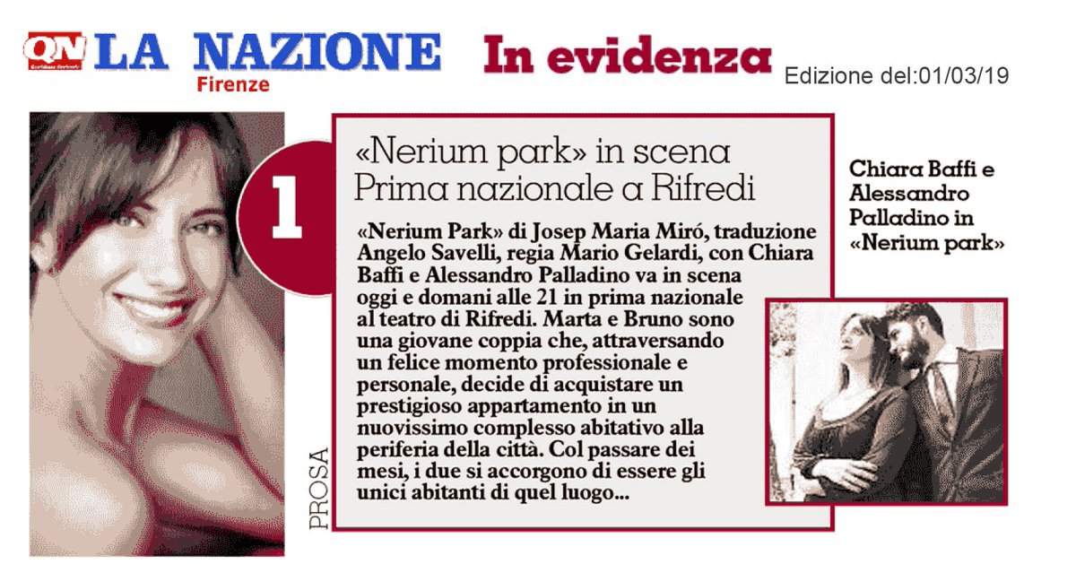 TeatrodiRifredi's tweet photo. Oggi su @Nazione_Firenze, grazie a la redazione!
NERIUM PARK in prima nazionale al @TeatrodiRifredi
#rassegnastampa #inprogramma #stagione1819 #neriumpark https://t.co/fzW81fxfM6