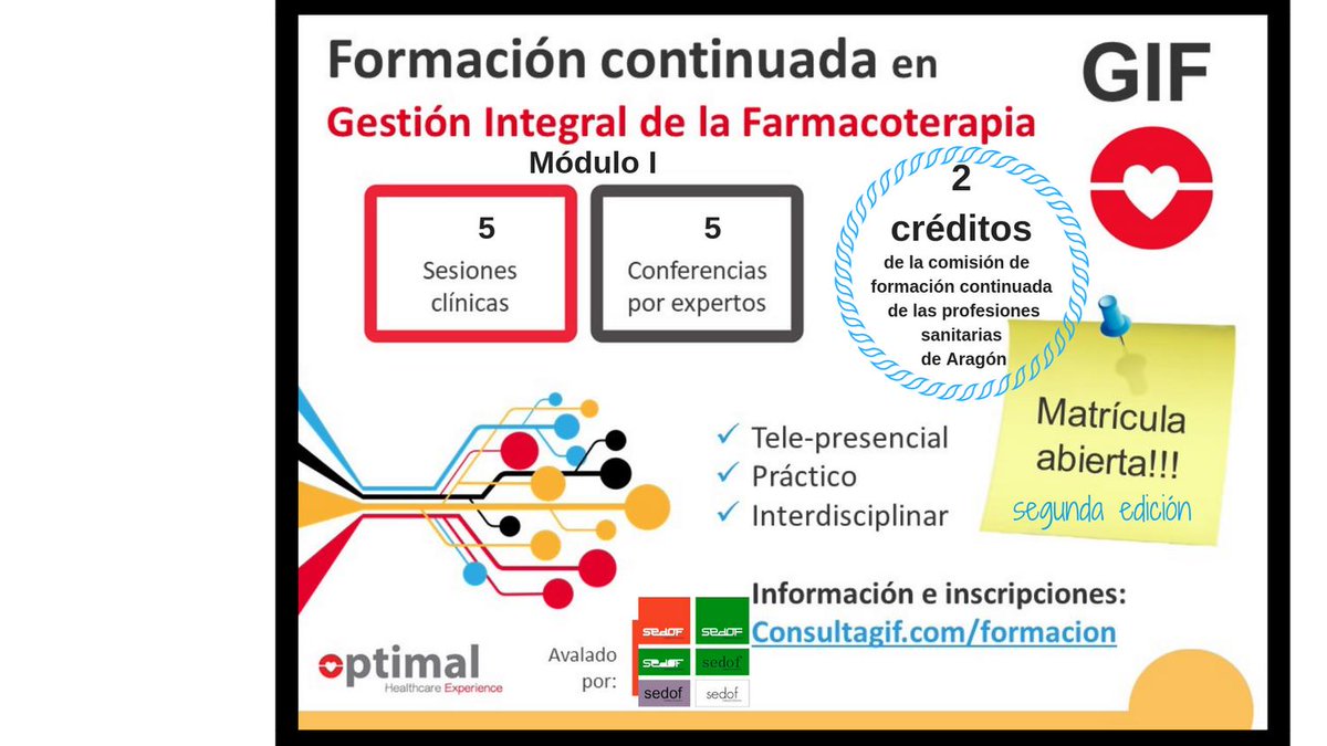 OptimalExp's tweet image. ¡¡Últimos días para matricularse!!. 
Trabajar para que la relación entre las personas y su medicación sea optima. 
@SEDOF @OPTIMAL
