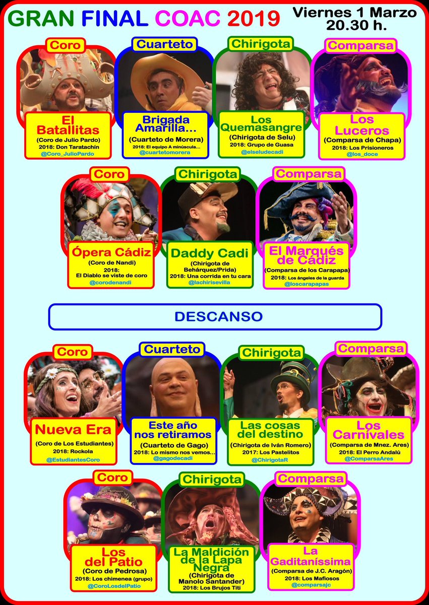 ESTA NOCHE Gran Final del Falla. Abrirá la sesión la chirigota del Love como homenaje a su despedida del carnaval 

🕑 20:30h 

📍Gran Teatro Falla de Cádiz 

🎟 Entradas agotadas