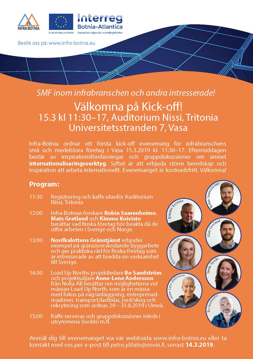 Järjestämme #infra-alan yrityksille tapahtuman #Vaasa'ssa 15.3.2019 klo. 11:30-17. infra-botnia.eu/fi/meidan-tapa… / Vi ordnar ett evenemang för #infra-branschens företag i #Vasa 15.3.2019 kl. 11:30-17. infra-botnia.eu/varaevenemang/