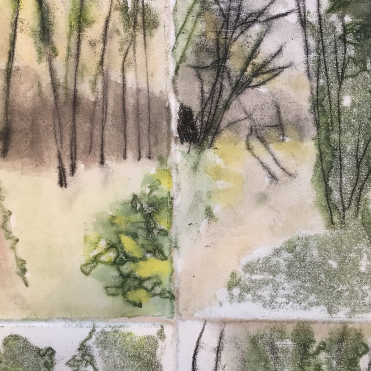 bowerfineartuk's tweet photo. Continuing the spotlight on Catherine Cartwright's work... she uses monoprint, gold leaf and watercolour on Japanese paper which are stitched together to form her composite 'treescapes' @CathCartwright #artexhibition #londonexhibition #londonevents. Detail of work in progress https://t.co/G05BL5Zb3F