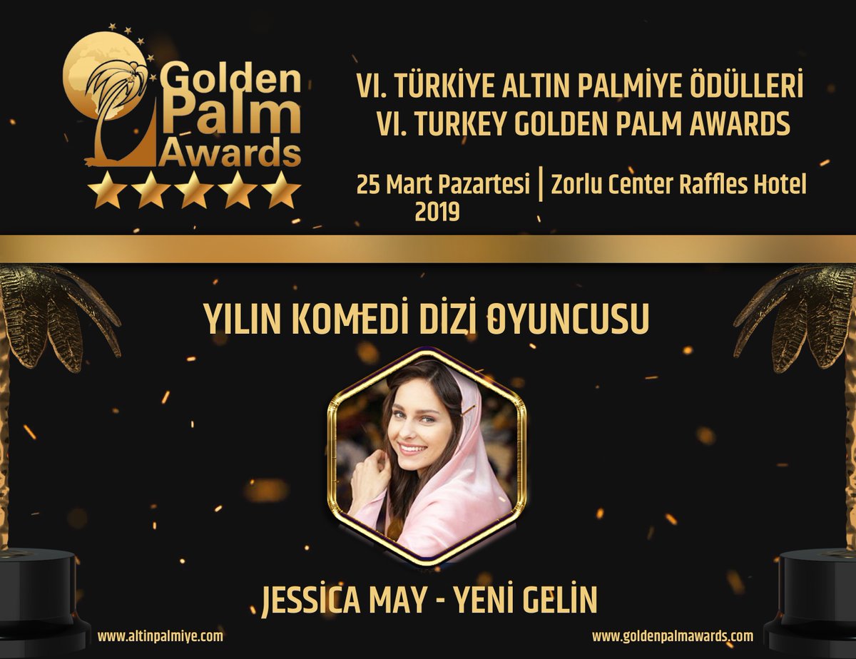 6. Turkey Golden Palm Awards (6.Türkiye Altın Palmiye Ödülleri) halk oylaması sona erdi. altinpalmiye.com üzerinden yapılan halk oylaması sonucu ‘Yılın Komedi Dizi Oyuncusu’ 27.162 oyla Jessica May oldu.
#altınpalmiyeödülleri #altinpalmiyeodulleri #goldenpalmawards2019