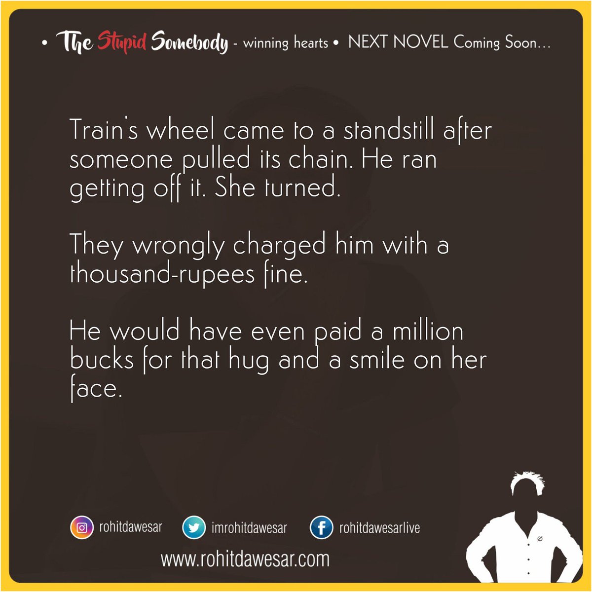 rohitdawesar's tweet photo. 'The Hug!'
First NanoTale of the #NanoTaleMonth #March . π
One NanoTale a day from today on. Remember your promise now and share whichever Tale touches your heart. π
Love β€οΈ
#NanoTale #ShortStories
#NoMatterWhat #RohitDawesar #RohitsSecondBook #BookReader #hug #Train https://t.co/s15fRaGvQH