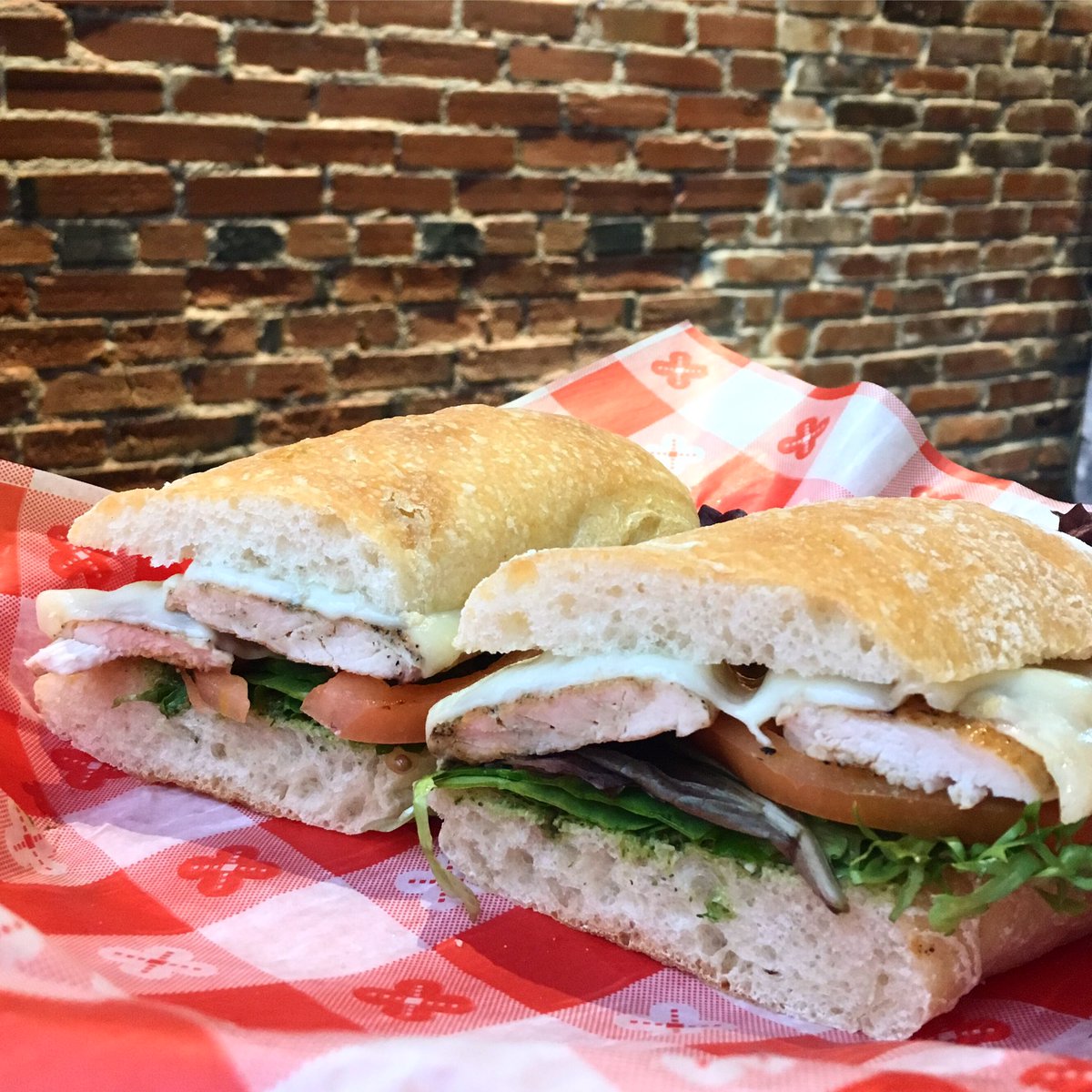 #CarusosSpecial: grilled chicken, provolone, tomato, mixed greens &amp; pesto on toasted ciabatta. #stlfood #stleats #washingtonavestl #downtownstl #stlouis