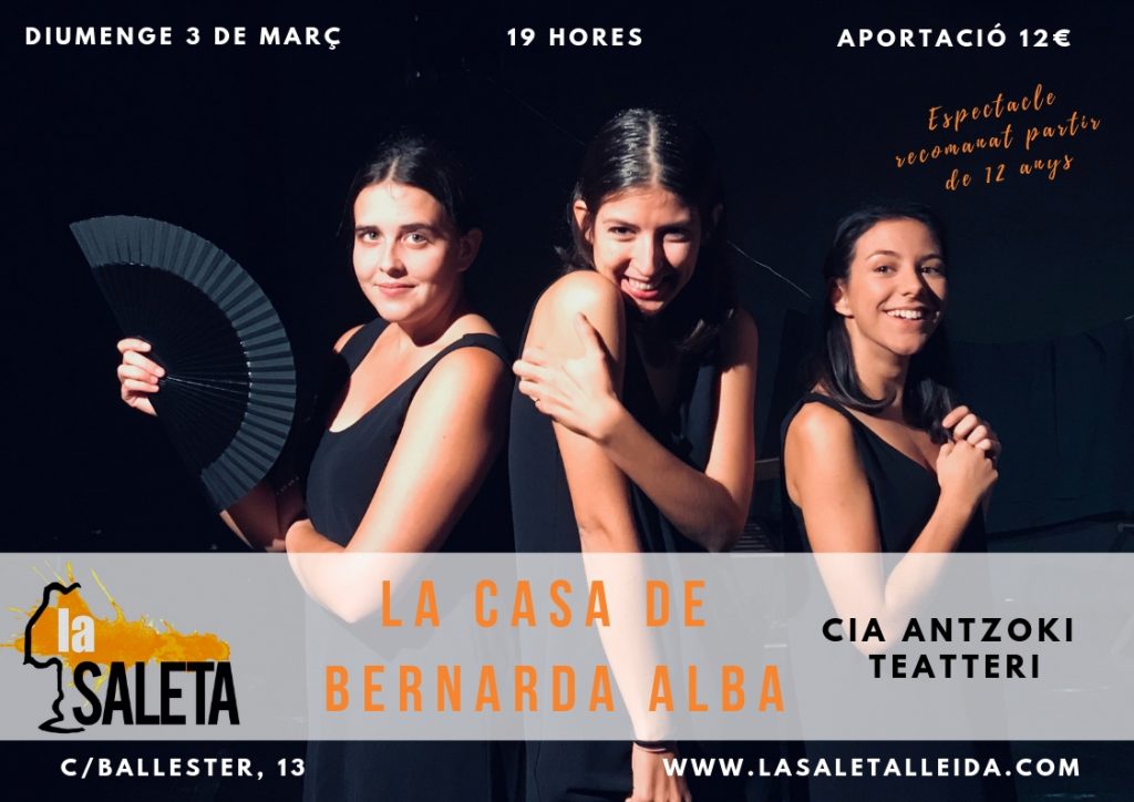SegriaCultura's tweet photo. Diumenge a @LaSaletaLleida , ⌛️a les 19 h
"La casa de Bernarda Alba" amb la cia @AntzokiTeatteri
Espectacle recomanat a partir de 12 anys!
Reserves i info: https://t.co/xss64CiWAg
#SegraiCultura @CCsegria #Segrai #TerradePonent https://t.co/zlUCQyBWzS