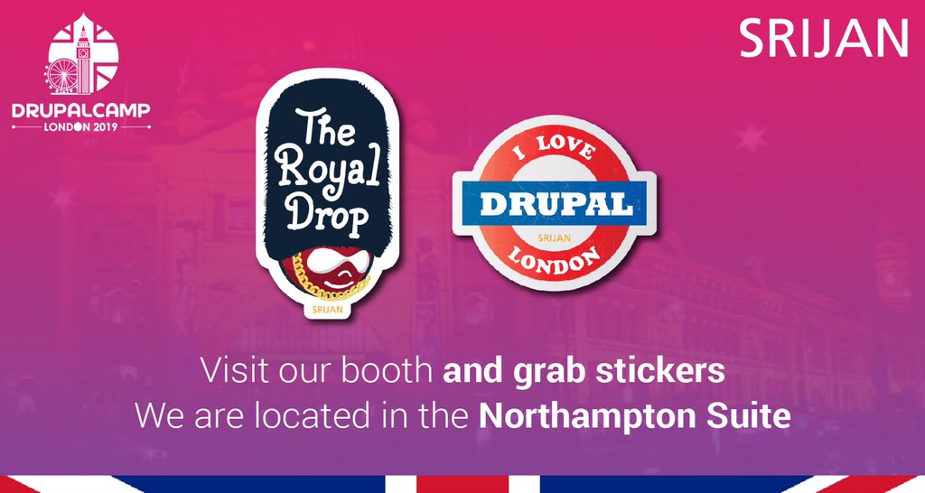 Srijan's tweet image. Having fun at @DrupalCampLDN? Why not grab some cool #Drupal themed stickers while you&apos;re at it! So make your way to our booth in the Northampton Suite right away! #DrupalCampLondon #Drupal