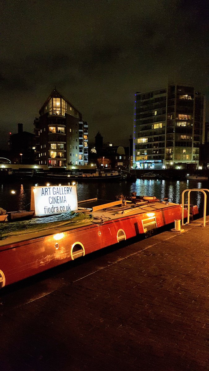 Here we are in Limehouse Basin last night, after Bob fixed the lights in our cinema sign 😎 Come on board to watch boaty films this weekend, book at barge-fiodra.eventcube.io #AnchorAndHopeMovie #Swandown #TidesMovie