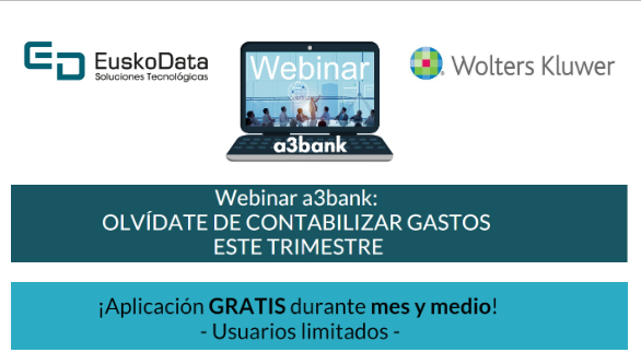 EuskoData_SA's tweet photo. ¡Olvídate de contabilizar gastos este trimestre! @EuskoData_SA hemos preparado un #webinar sobre #a3bank para el próximo 15 de Marzo. ¿Te interesa? Información e inscripciones en: leyre@euskodata.com ¡Te esperamos! @WKRRHH https://t.co/3J8pyxCsHc