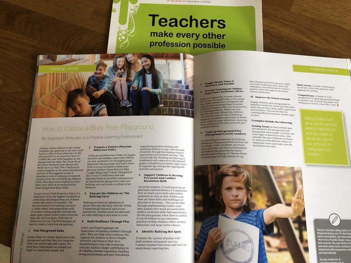 theresehoyle's tweet photo. Just received my #teachersmatter magazine from #spectrumeducation who’ve published my recent article. “How to Create a Bully Free Playground.’ So excited. 
Read it here: https://t.co/DkBiSVC3dG 

#publishing #ukedchat #sltchat #schoolleaders #magazines #training https://t.co/DpnQRPox1h