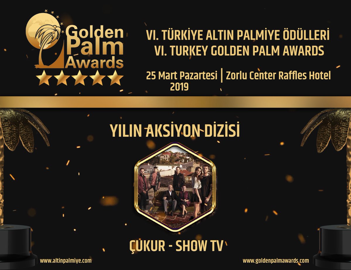 6. Turkey Golden Palm Awards (6.Türkiye Altın Palmiye Ödülleri) halk oylaması sona erdi. altinpalmiye.com üzerinden yapılan halk oylaması sonucu ‘Yılın Aksiyon Dizisi’ 31.932 oyla Çukur oldu.
#altınpalmiyeödülleri #altinpalmiyeodulleri #goldenpalmawards2019 #altınpalmiye