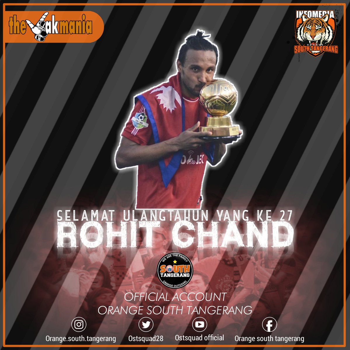 JakmaniaOst's tweet photo. Happy Birthday Himalayan Tiger "Rohit Chand" Ke 27 tahun.
#PersijaJakarta
#BanggaJakmania
#OstSquad
#OstSchool
#JakangelOST
#InmedOST
#MacanPerbatasan
#TigerBorder
#JOB23
#Sajete https://t.co/Faktb9brJV