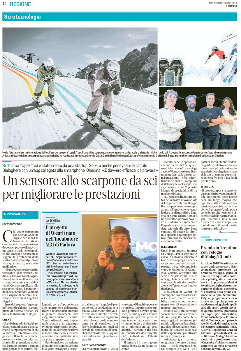 Upski su <a href="/mattinodipadova/">il mattino di Padova</a> m31.com/upski-su-il-ma… #innovazione #startup #skitech #skiing #Sensors