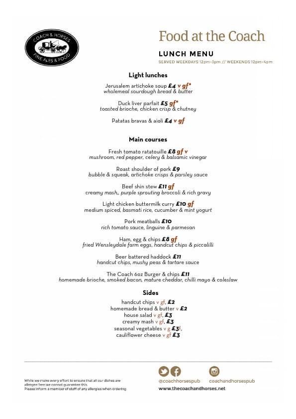 Today's lunchtime menu served 12 to 3pm