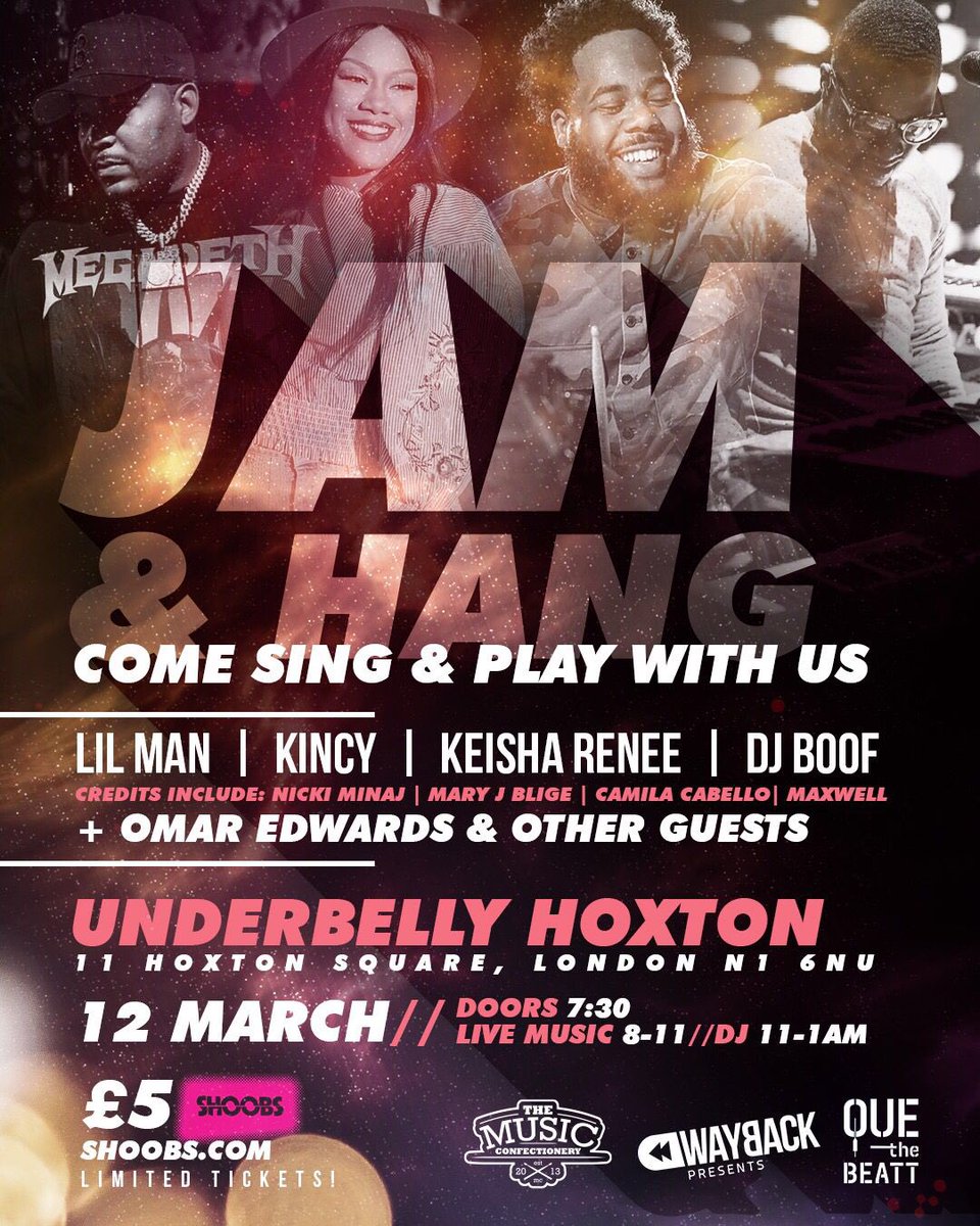 livilovez's tweet photo. London! 🇬🇧

Jam session with @marcuskincy Lil Man @keisharenee DJ Boof and Omar Edwards. 

12 March at @zigfridhoxton https://t.co/gVulDRWbb1