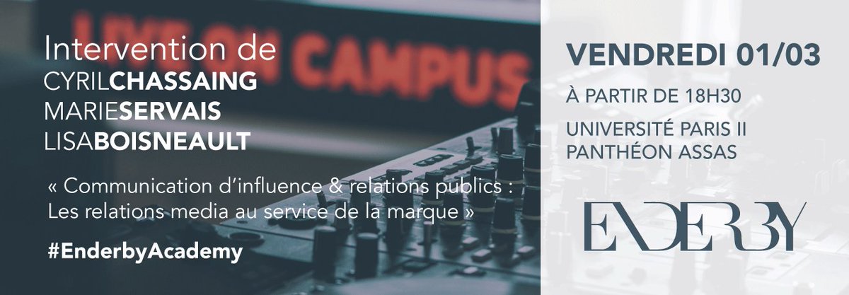 enderbyagency's tweet photo. .@enderbyPR interviendra aujourd'hui à @AssasParis2 devant les étudiants du Master #Marketing &amp; #Communication (@MC2_Assas ), sur le thème : « Communication d’influence &amp; relations publics : les relations media au service de la marque ». #EnderbyAcademy https://t.co/f38yVuffDc