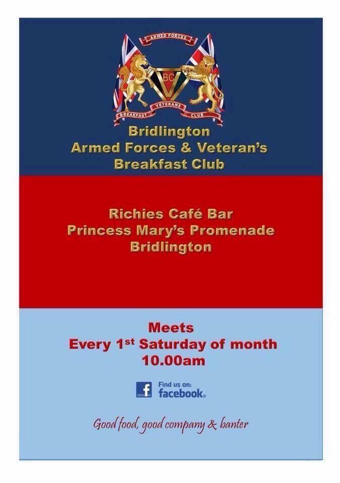 Bridlington Armed Forces &amp; Veterans Breakfast tomorrow at 10 am Richie's Cafe/Bar bring along your partner and/or family. #Bridlington #VeteransBreakfastClub