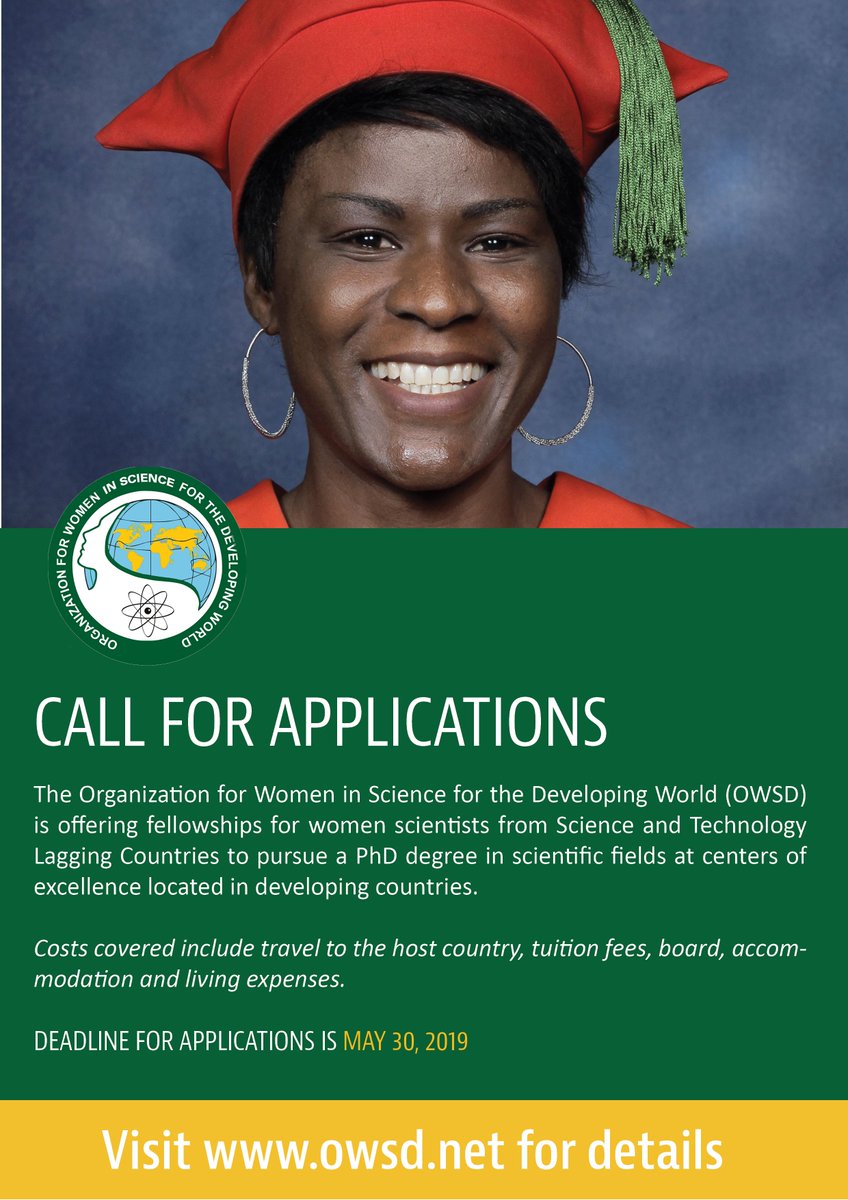 NOW OPEN: 2019 Call for Applications for OWSD's PhD Fellowships programme. Offered to women from science- and technology-lagging countries to undertake PhD research in the sciences at a host institute in the South. All details at: owsd.net/career-develop… #womeninscience