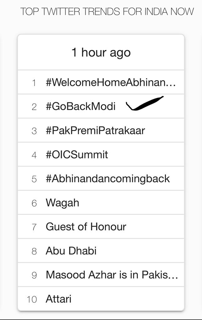 rabiah_badar's tweet photo. #GoBackModi #GoBackAntiNationalModi #GoBackSadistModi #GoBackModii  trending in India. Peace is what both nations want. ✌️ #indiapakistantensions #IndiaStrikesBack #IndiaFreesAbhinandan #IndiaTodayConclave #IndianArmedForces #IndiaFailedStrike #IndiaPakistan https://t.co/vSFcLGnfJ6