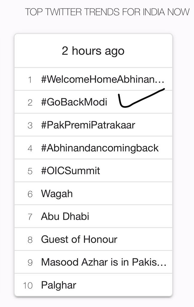 rabiah_badar's tweet photo. #GoBackModi #GoBackAntiNationalModi #GoBackSadistModi #GoBackModii  trending in India. Peace is what both nations want. ✌️ #indiapakistantensions #IndiaStrikesBack #IndiaFreesAbhinandan #IndiaTodayConclave #IndianArmedForces #IndiaFailedStrike #IndiaPakistan https://t.co/vSFcLGnfJ6