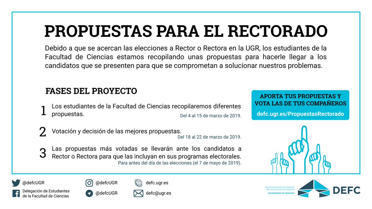 defcUGR's tweet photo. 💭¿Quieres que los candidatos a Rector de la universidad incluyan tus propuestas en sus programas electorales? 

✏️ ¡Puedes participar aportando propuestas de cara a las próximas elecciones! 

➡️ https://t.co/cw6aGRHXR2 https://t.co/5BmCBZKMCX