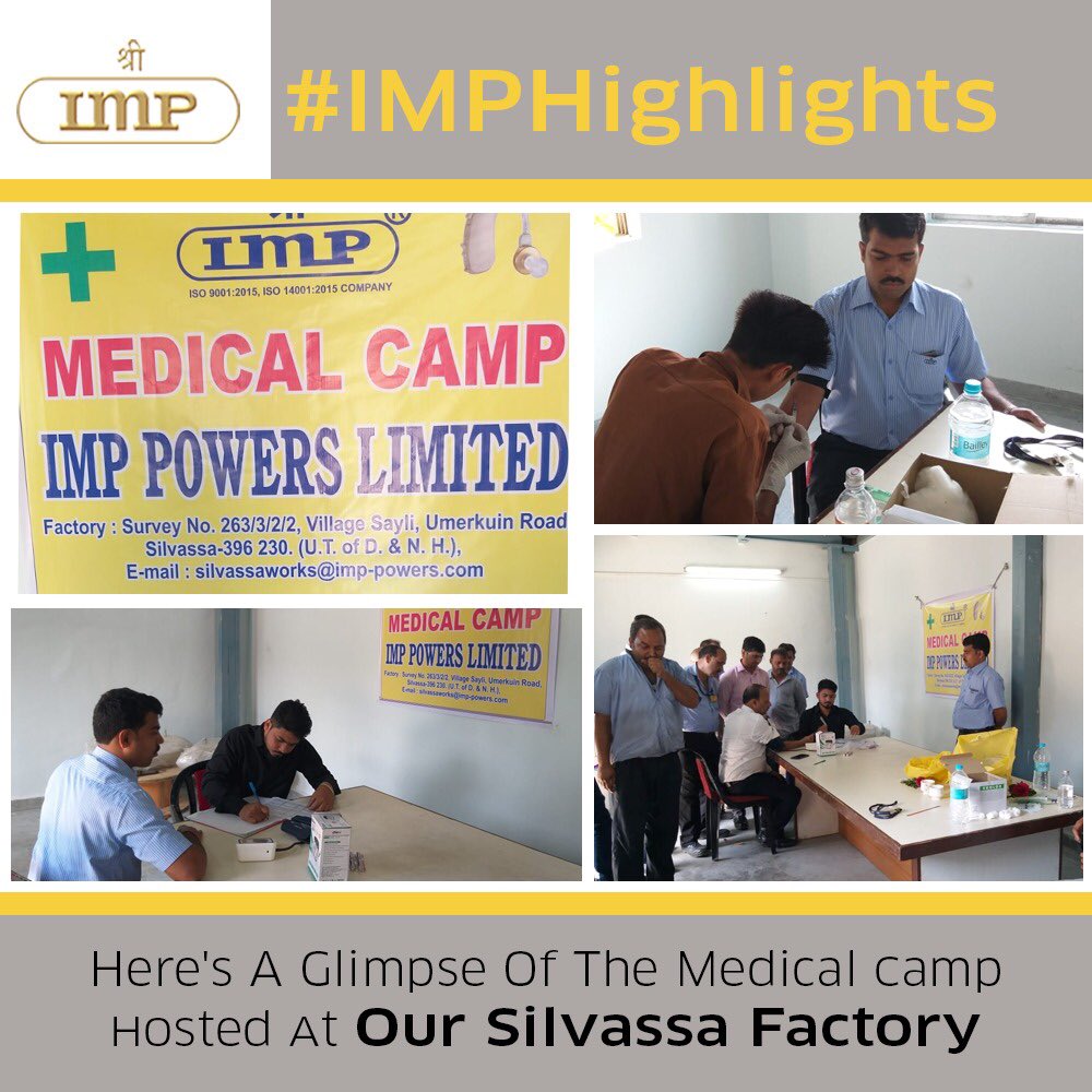 With an intention to promote staff health and encourage fitness among them, we hosted a medical health camp for our Silvassa Factory staff.
Have a look. 
#IMPPOWERS #TeamIMP #HealthCare #MedicalCamp
<a href="/AadityaDhoot/">Aaditya Dhoot</a>
