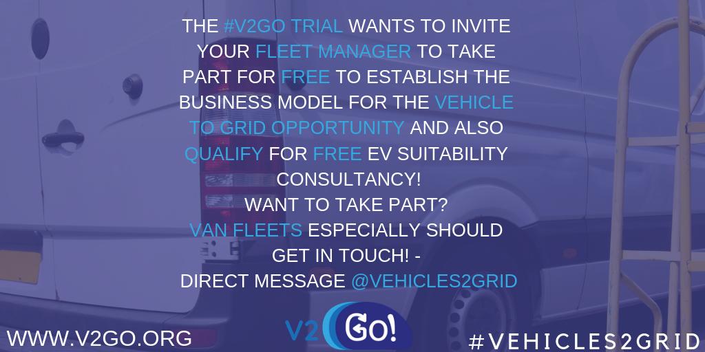 Vehicles2grid's tweet image. The #V2GO trial wants to invite your fleet manager to take part for free to establish the business model for the Vehicle to Grid opportunity and also qualify for free EV suitability consultancy!

Want to take part?
Van fleets especially should get in touch!
DM @Vehicles2grid⚡️🚘