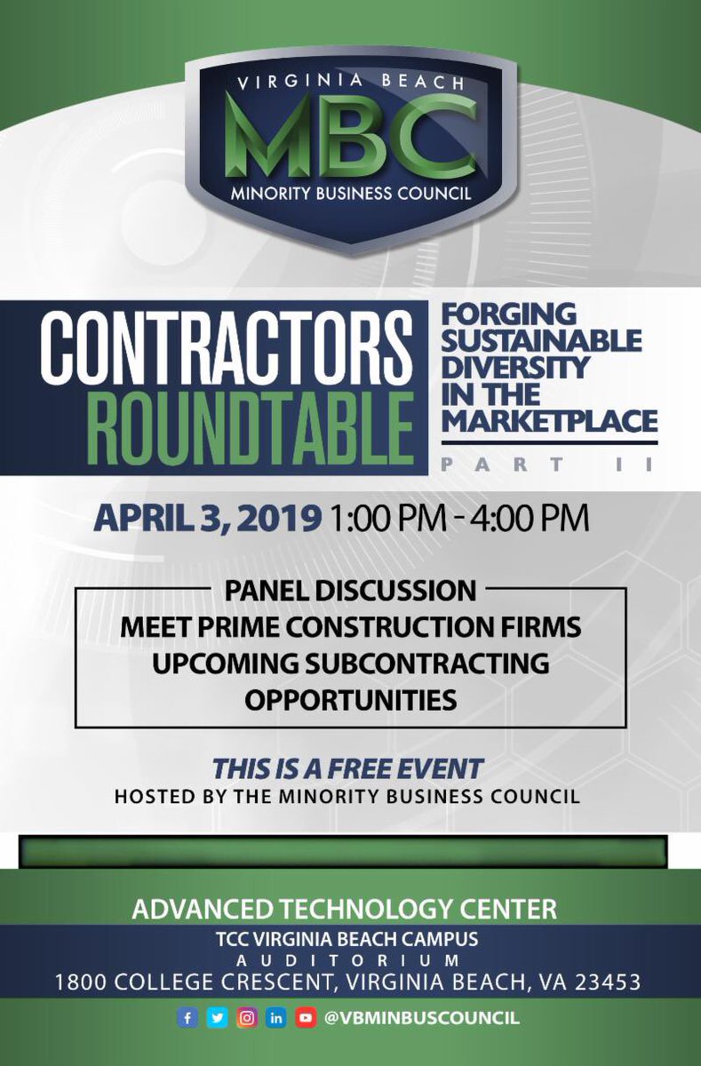 myVBMBC's tweet photo. The #VBMBC will host our Annual Spring Contractorโs Roundtable on Wednesday, April 3, 2019 at the TCC Advanced Technology Center (ATC) at 1:00-4:00 pm. The event is free but we ask that all interested would please register at:
https://t.co/Lav5rBh8j7 https://t.co/6bFWvoDEvh
