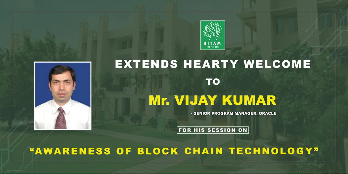 HITAMHyderabad's tweet photo. HITAM is privileged to have Mr. Vijay Kumar for his valuable session on Block Chain Technology.
#hitamdairies #blockchaintechnology #oracle #guestlecture https://t.co/m0mHvSRd7g