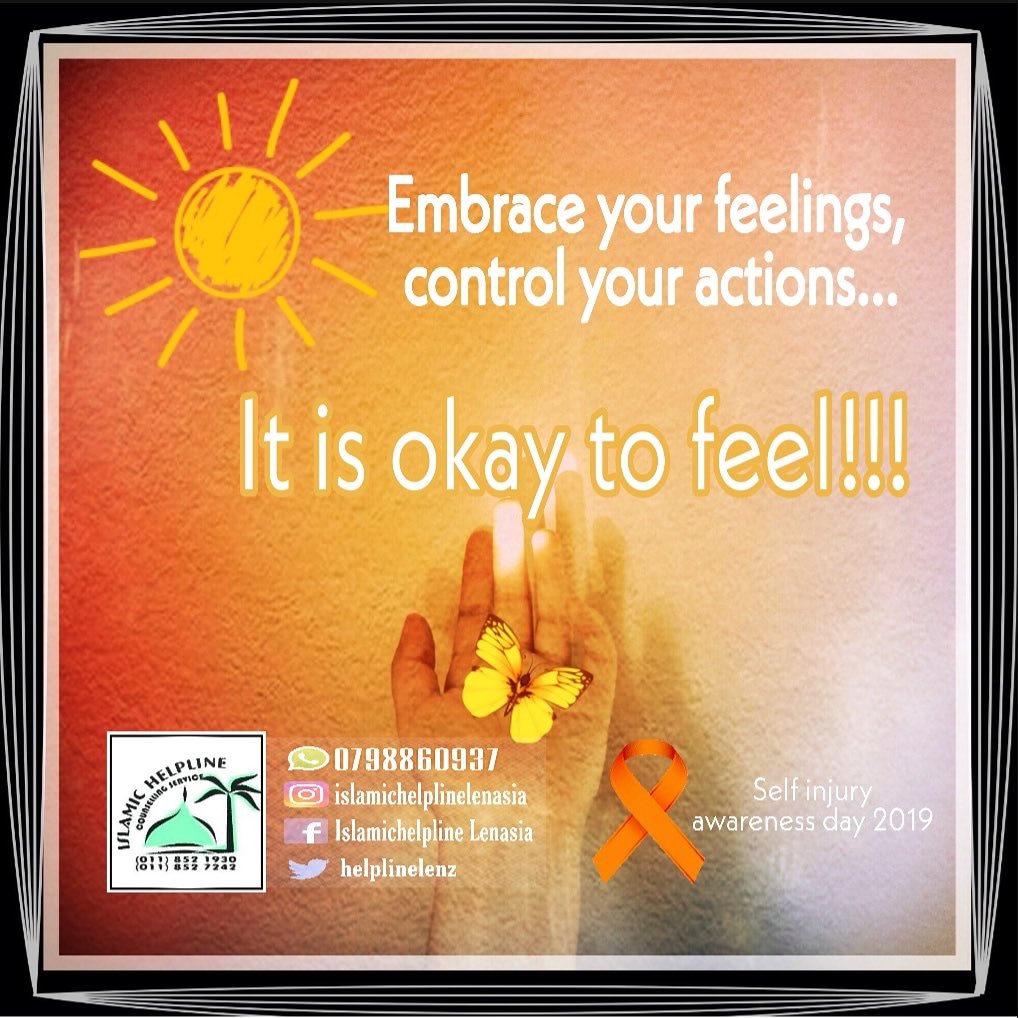 helplinelenz's tweet photo. It is okay to allow our selves to feel,we are all human.We need to chose to deal with our emotions in a healthy way. Today is Jumuah &amp; self injury awareness day.Let us show compassion, kindness, love &amp; understanding to ourselves &amp; those around us for the pleasure of Allah ta'ala. https://t.co/myaY9InXVx