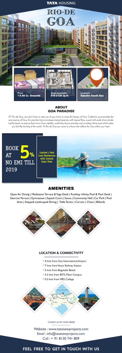 #TataRioDeGoa is a luxury residential project of Residential apartments located at Dabolim in Southern Goa in the proximity of MES College, complete with amenities, a range of luxury amenities and facilities. Read More:- tatanewprojects.com/tata-housing-g…