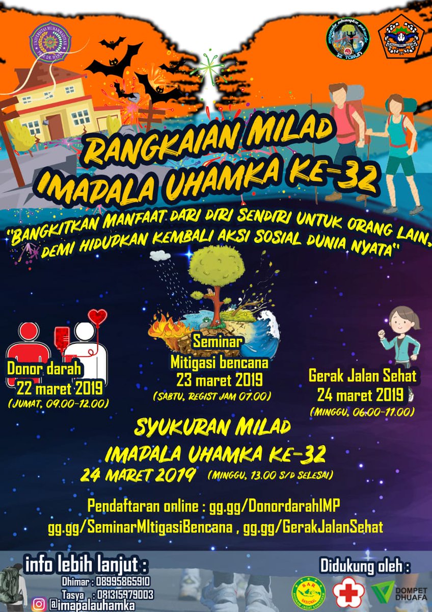 IMAPALAUHAMKA's tweet photo. Ayo ikut berpartisipasi dalam Rangkaian Milad IMAPALA UHAMKA KE-32th 🎉 Banyak ilmu, menambah teman, dan ikut membantu saudara saudara kita yg kurang beruntung 😇 https://t.co/K5v1Le2Wng