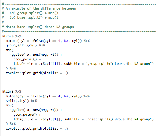 coolbutuseless's tweet photo. An example of the difference between 
   (a) group_split() + map()
   (b) base::split() + map()

Note: base::split() drops NA groups!

#rstats #dplyr https://t.co/YYk3LbECIP