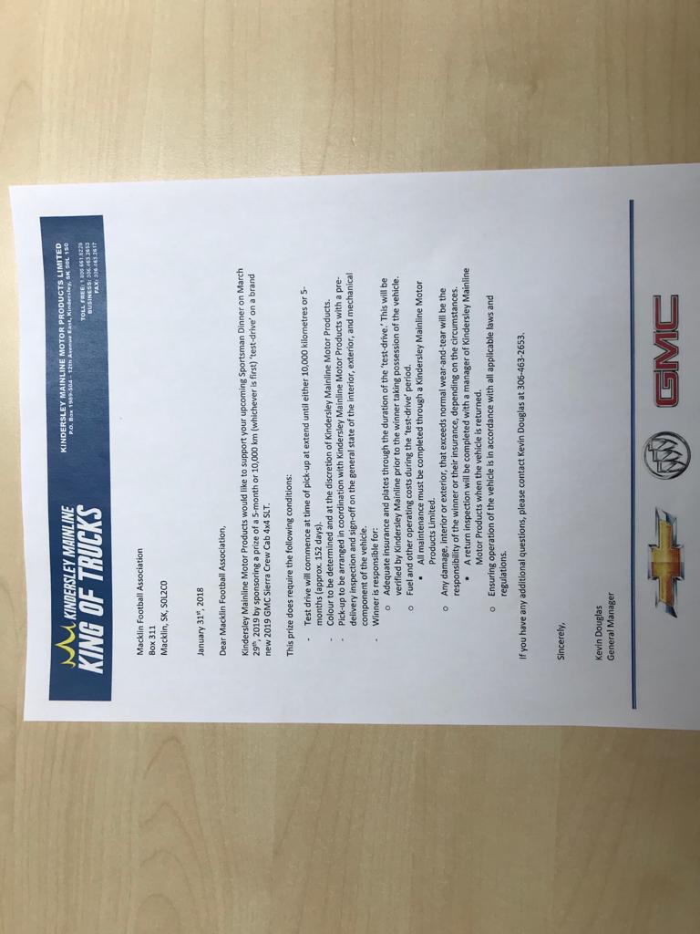 MacklinFootball's tweet photo. Action Item: A HUGE thank you to Kindersley Mainline Motors for the donation of a 5 month lease of a brand new 2019 GMC Sierra Crew Cab 4x4 SLT. https://t.co/Q8D7CNJbwP