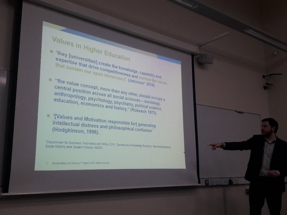 UniKentSustain's tweet photo. Kent's @Rufus_Howard talking about the importance of values (beliefs and ideals) in the progression of sustainability "Values are enduring." #KentESD https://t.co/9T8GwCf20f