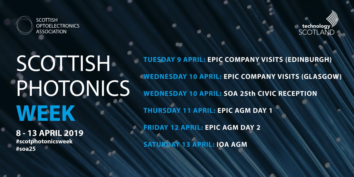 There's lots going on during #scotphotonicsweek 2019 - have you signed up and viewed the agenda? Tickets for the SOA 25th Civic Reception are now available at the link below &amp; registration for the @EPICassoc AGM can be completed on their website #soa25 --> eventbrite.co.uk/e/soa-25th-ann…