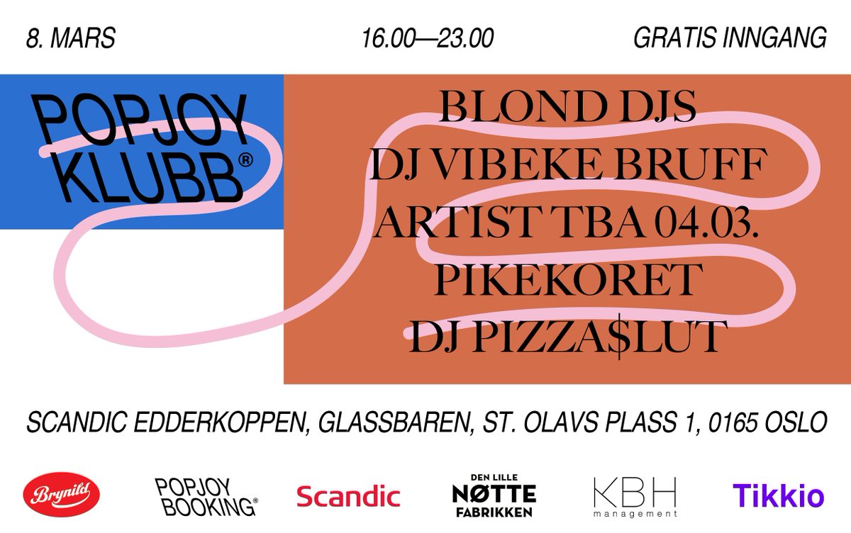 webcath's tweet image. Popjoy Klubb // Scandic Edderkoppen // Oslo - 08. mars 2019
Popjoy Booking AS og KBH Management presenterer: Bransjetreff med mangfold og innhold.
Velkommen kjære gründere, kultur-, musikk- og mediebransje! 
tikkio.com/tickets/8763-p…