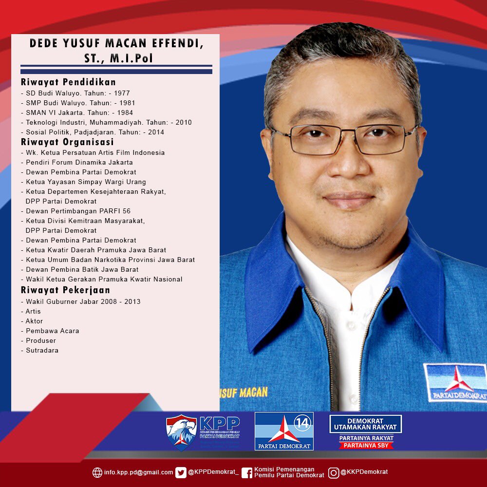 KPPDemokrat_'s tweet photo. Mengenal Caleg Fraksi Partai Demokrat :

1. Dede Yusuf Macan Effendi,ST, M.I.Pol
(Calon Ang.Legislatif 2019-2024 Dapil Jabar II).Beliau juga merupakan Ang.DPR RI Fraksi Demokrat yg menjabat sbg Ketua Komisi IX
#jawabarat  #KPPPD #partaidemokrat #demokratsiap2019 #mengenalcalegfpd https://t.co/yEaYT4QPWW