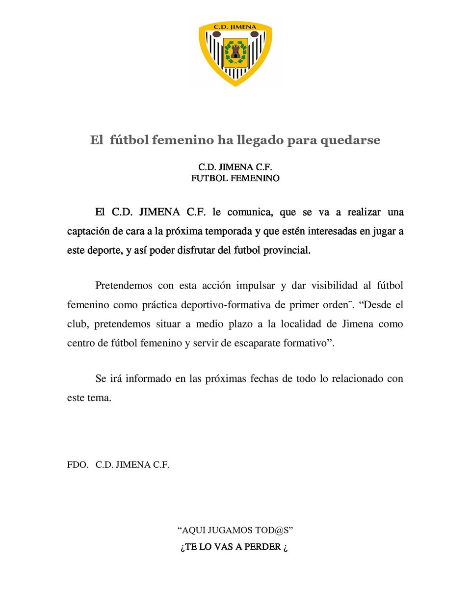 CDJIMENACF1's tweet photo. COMUNICADO OFICIAL: El fútbol femenino ha llegado para quedarse. #cdjimenacf https://t.co/kaQbXDoyle