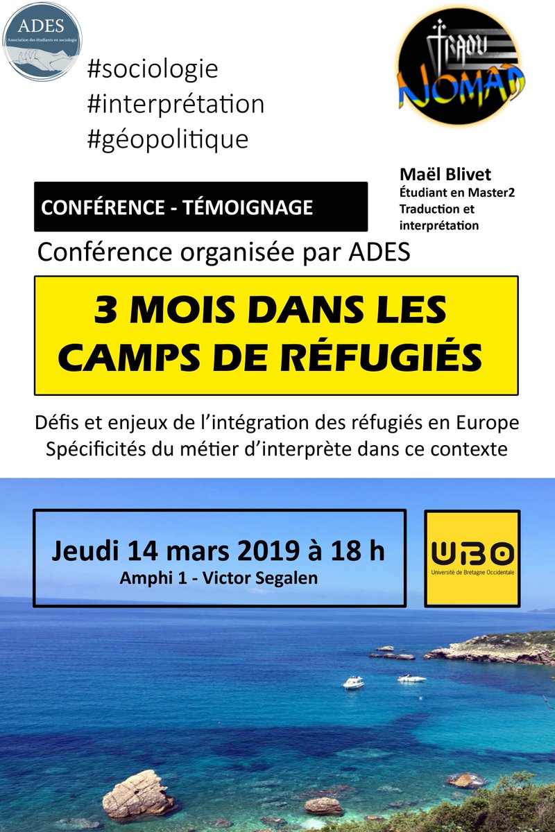 traounomad's tweet photo. #UBO #sociologie #interprétation #réfugiés Je remercie l'association ADES de me donner la parole. Conférence gratuite ouverte à tous. https://t.co/MXsCzGjzrb