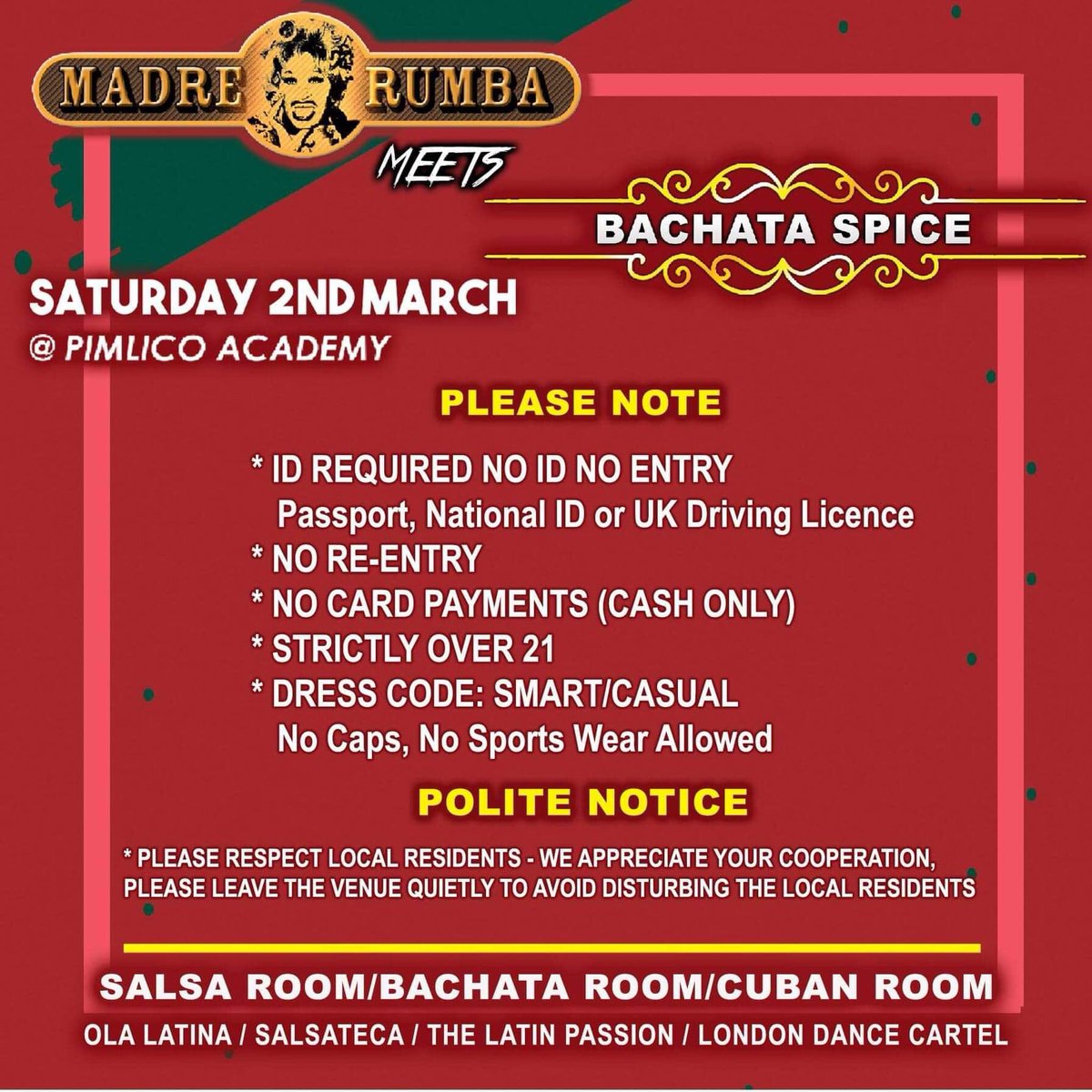 ⚠️⚠️ IMPORTANT NOTICE⚠️⚠️
SALSER@S and BACHATER@S PLEASE DO NOT FORGET TO BRING YOUR ID TOMORROW 
salsateca.co.uk
#salsa #bachata #party #pimlico #cuban #nightout #dancing
