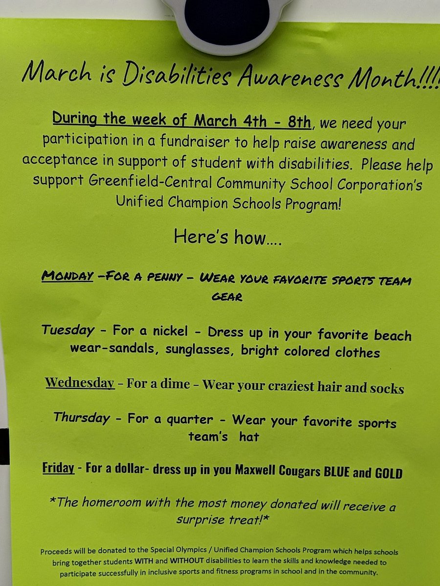 Hangwithcooper6's tweet photo. Dress up/fund raising week for Disabilities Awareness Month. #Proud2bMIS https://t.co/Vv4oLicU0U
