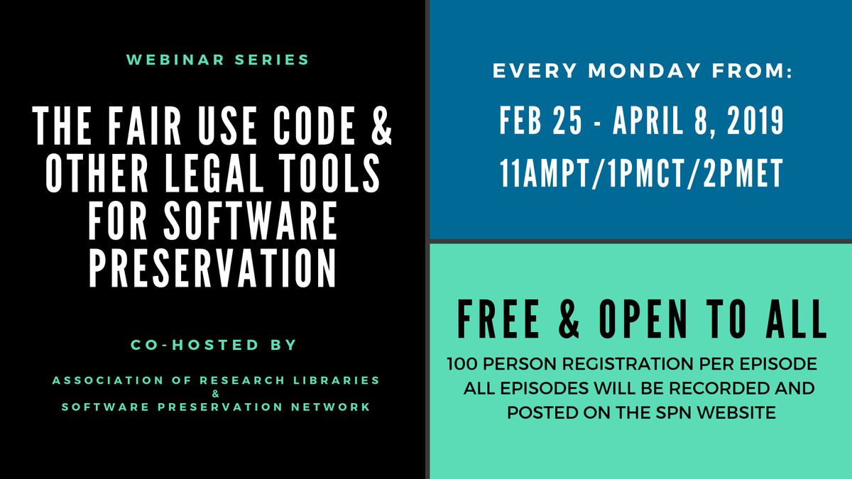 SoftPresNetwork's tweet photo. This Monday (3/4) @ARLnews and @SoftPresNetwork continue our Legal Tools for #Software #Preservation webinar series w/ Episode 2: "Beginning the Preservation Workflow" featuring @Liebenwalde and @lljohnston! #fairuse #FairUseWeek #digipres #savingsoftware https://t.co/U327CnZ8Gj