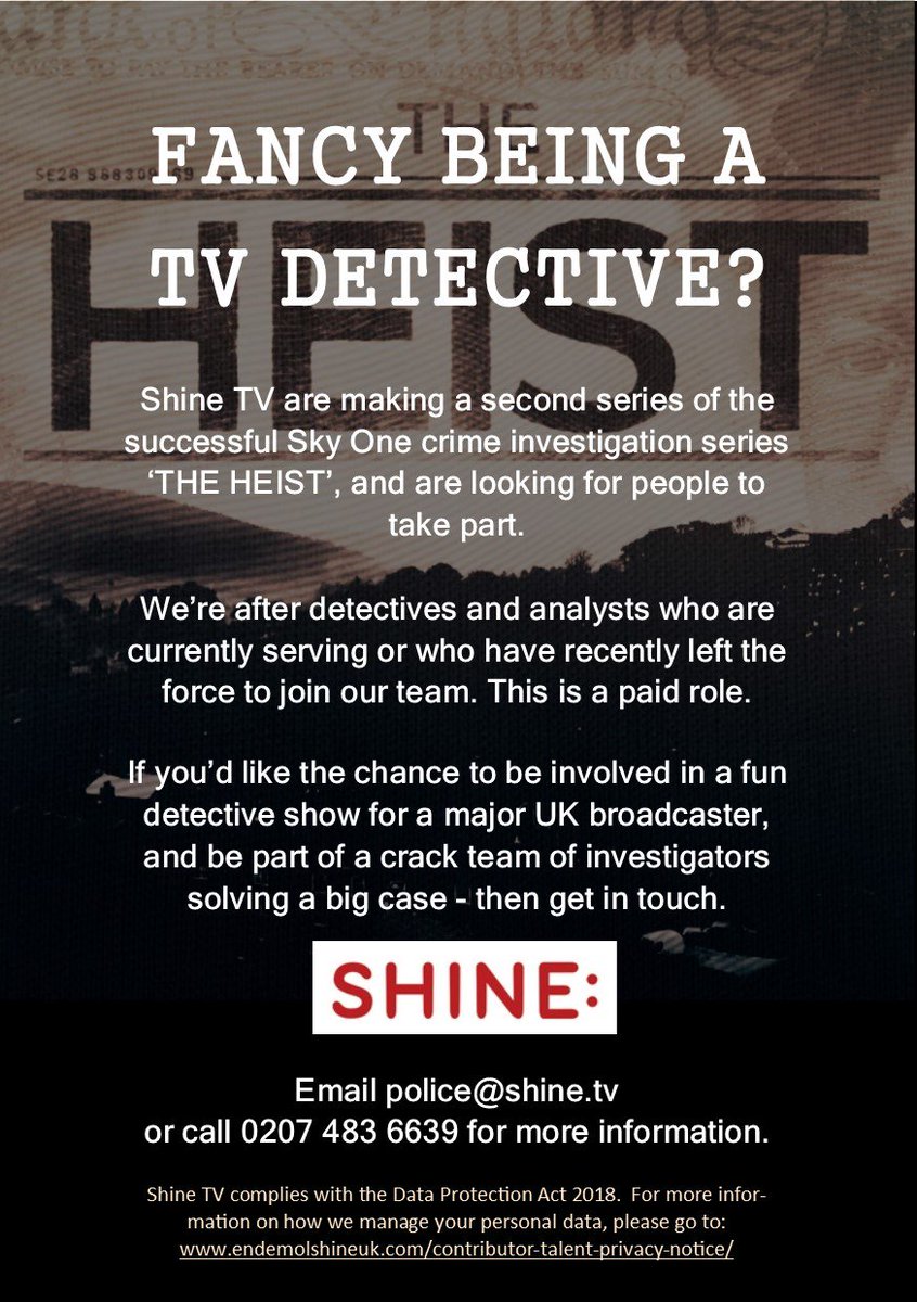 Hi <a href="/MPHinduAssoc/">MetPolice HinduAssoc</a> Sky One's new crime investigation series, The Heist, are looking for detectives and analysts to join our already brilliant team, to film this summer. This is a PAID ROLE. Please retweet! Interested parties can email police@shine.tv