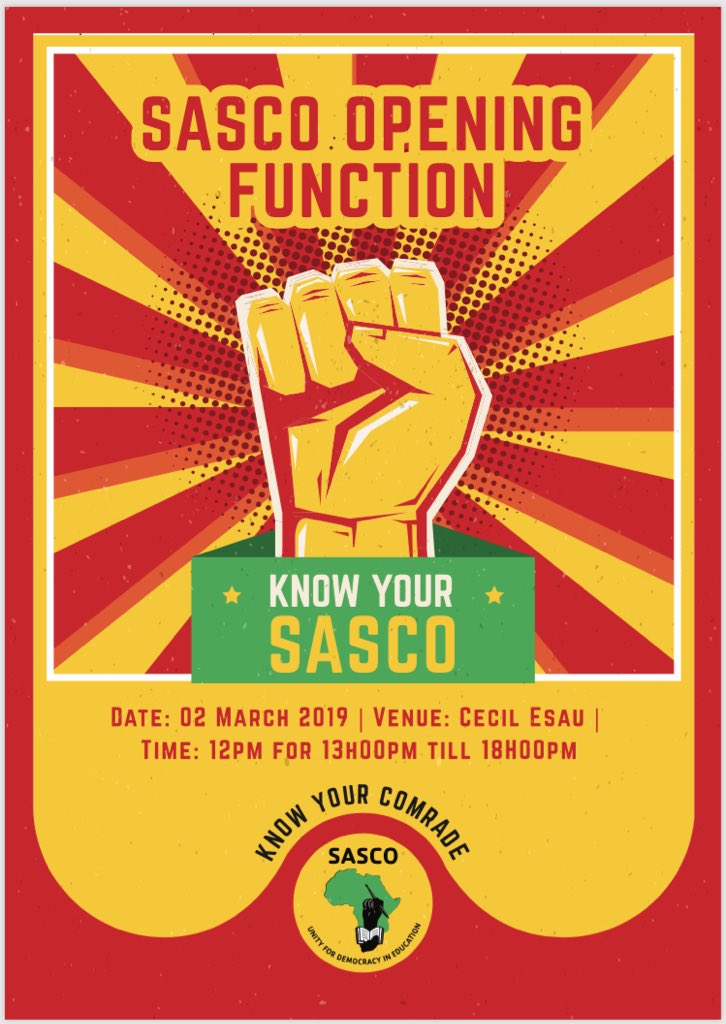 SASCO WANGA SIGILA BRANCH invites all first years, members, sympathizers and supporters of SASCO, to our branch opening function.

Date: Saturday, 2 March 2019
Venue: Cecil Esau Residence
Time: 12pm for 13pm

#knowyourSASCO
#knowyourcomrades
#yourfirstfriendoncampus