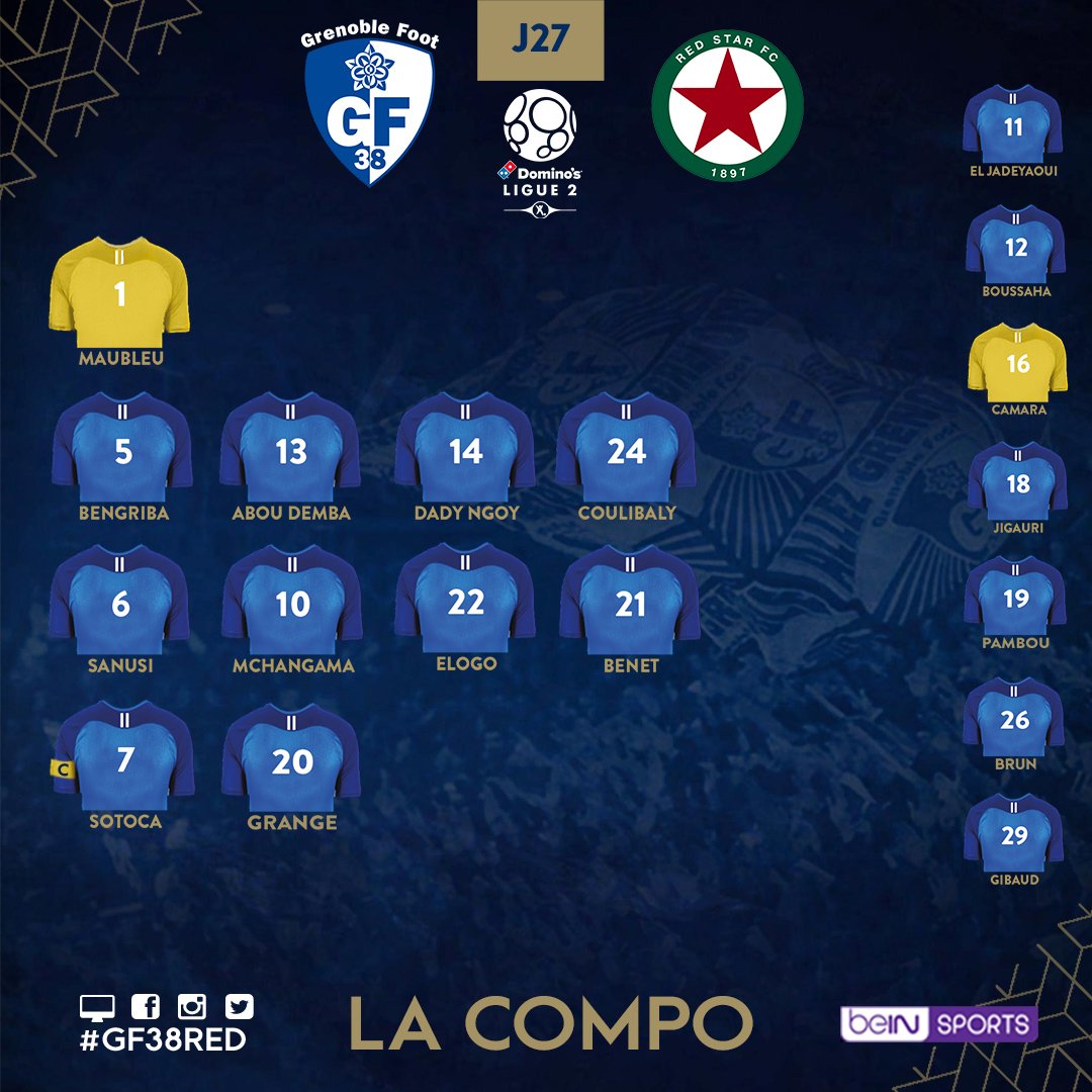 GF38_Officiel's tweet photo. La compo à une heure du coup d'envoi avec le forfait de dernière minute de #Mombris. #Dady sera titulaire à gauche et c'est #ElJadeyaoui qui rentre dans les 18 et sera sur le banc
#GF38RED
#GOGF38💙⚪️ https://t.co/cJ7cO88aEI