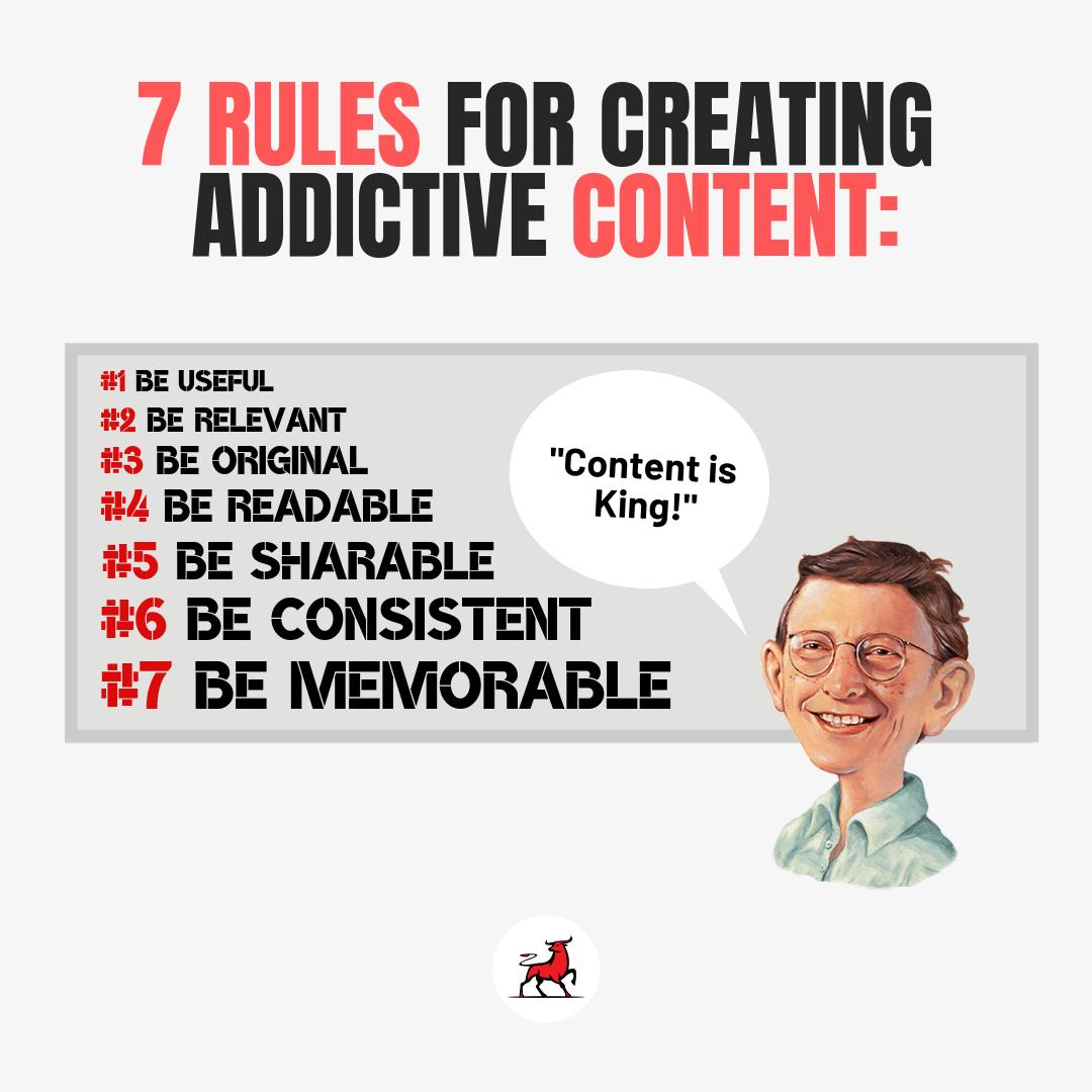 clientburst's tweet image. Bottom line: Follow these seven rules unless you want to be left behind. Do you have valuable, substantive content in your marketing?⠀
⠀
This post was inspired by @BillGates and it made me think of the famous statement Bill Gates said: "Content is King".⠀