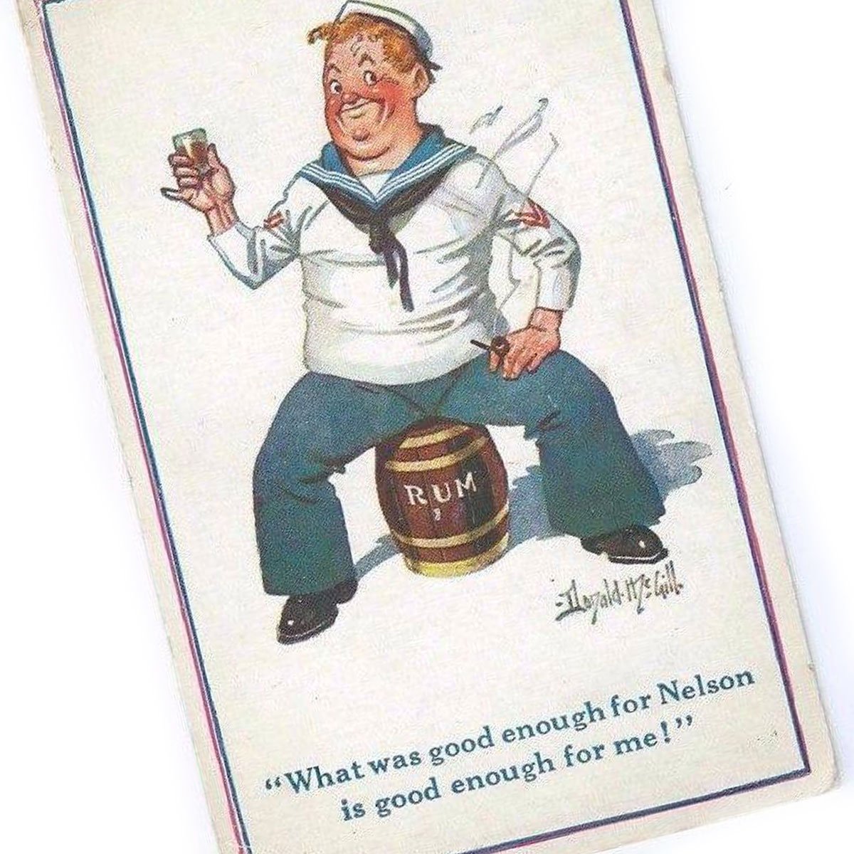 NatMuseumRN's tweet photo. Who'll be joining this 'jolly' sailor for a rum tot tonight? This postcard from creator Donald McGill who featured many naval themes among his works. This is one of our favourites. #LordNelson #RumTot https://t.co/7zkJSYHqJu